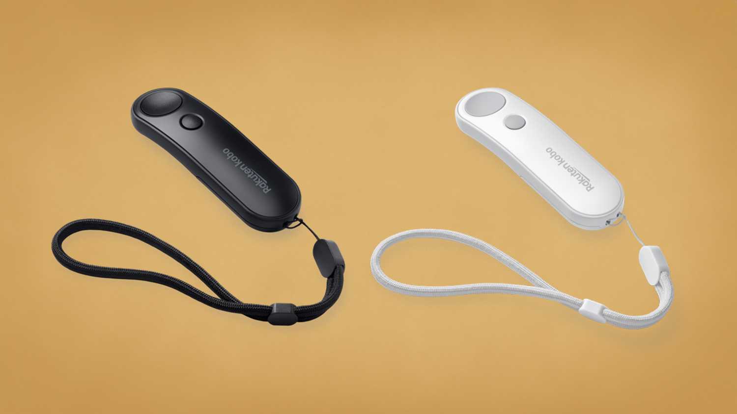 Kobo Remote in black and white with wrist strap.