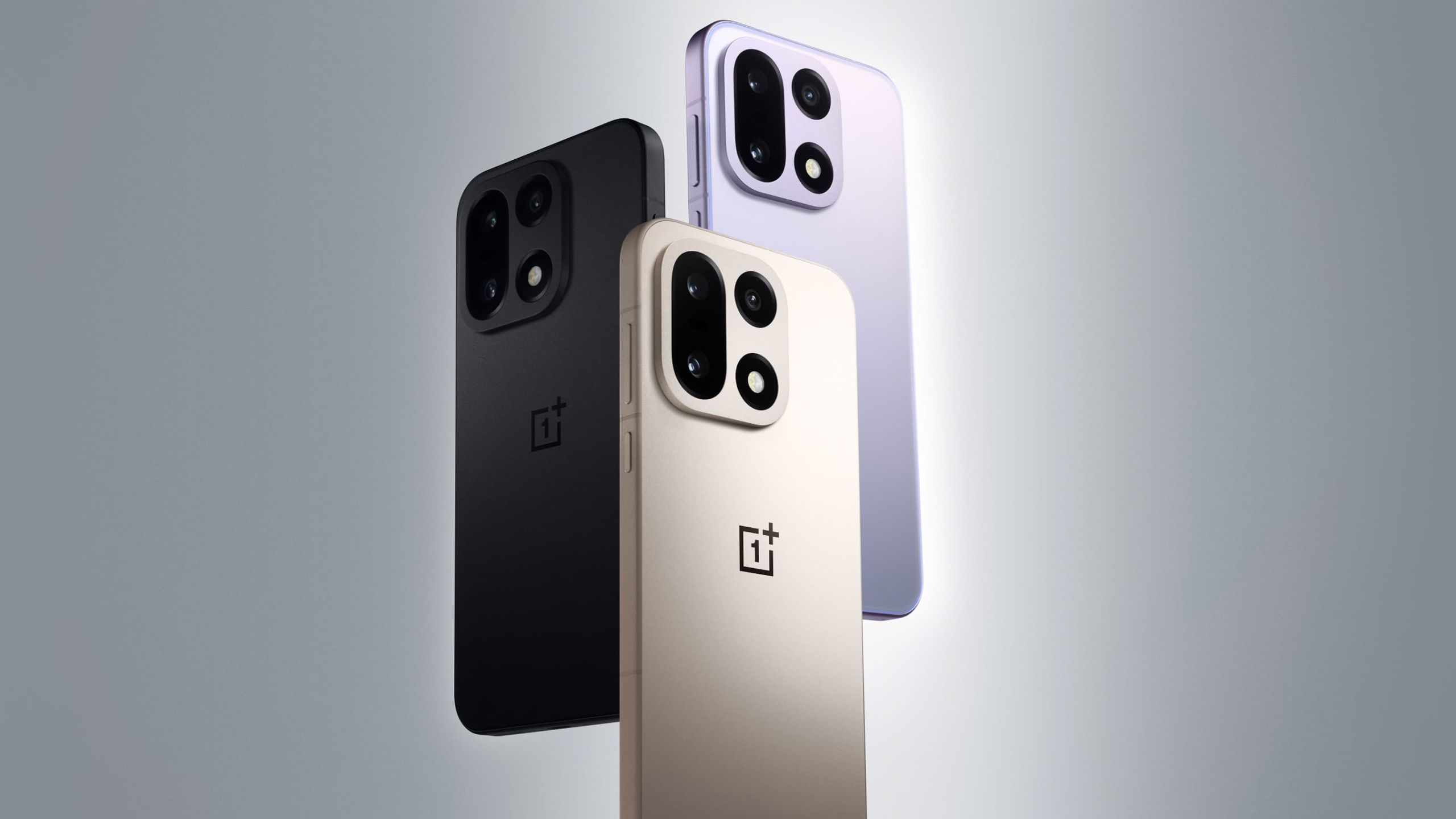 OnePlus 15 phone in purple, black, and sand storm.