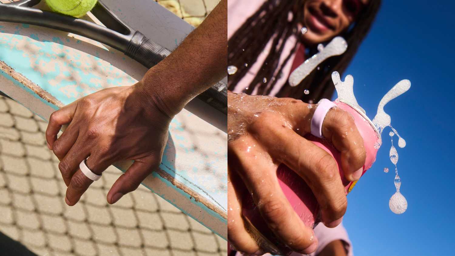 Two people showing off their ceramic Oura Ring 4s. 