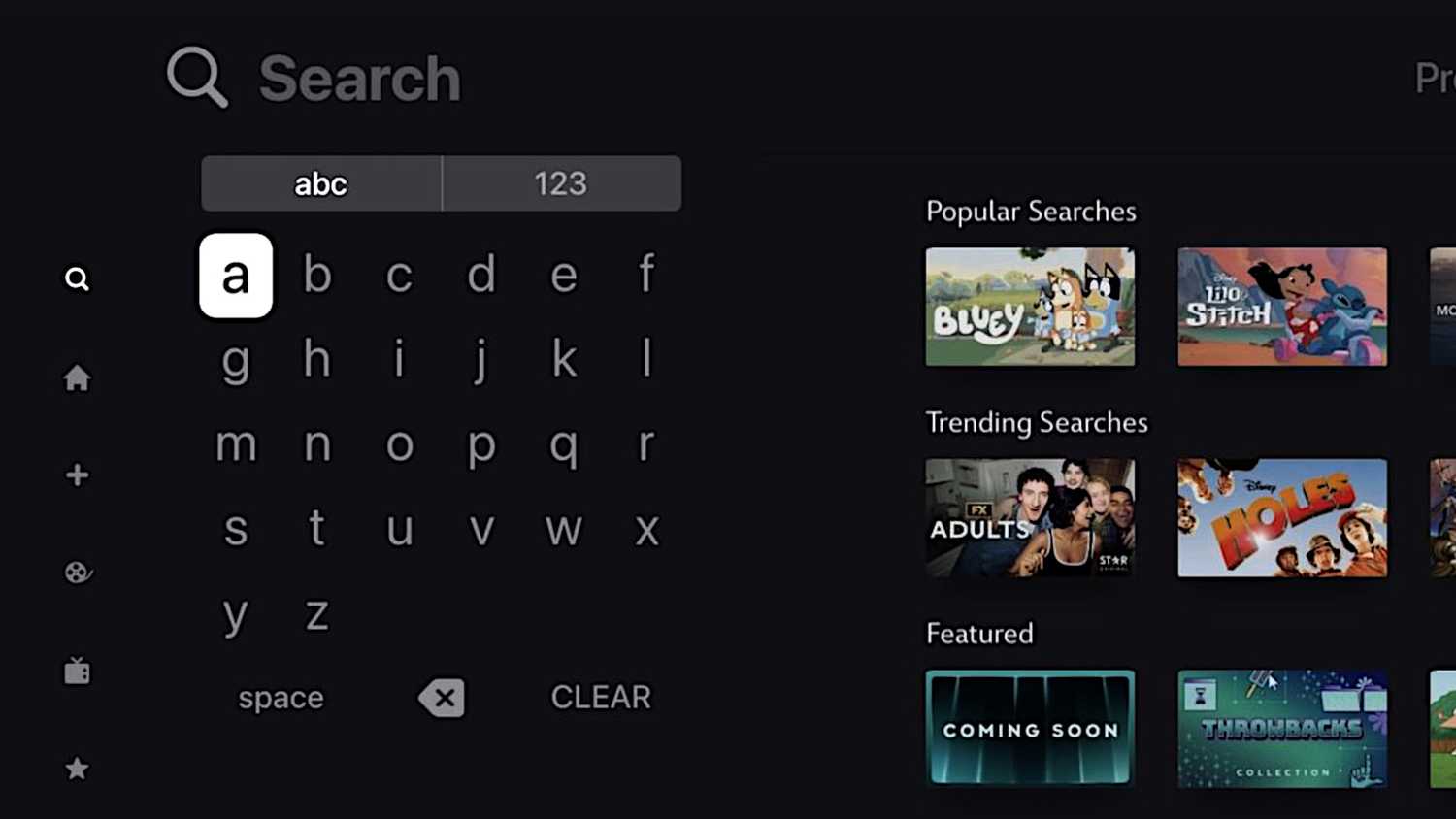 The tvOS grid keyboard in Disney+.