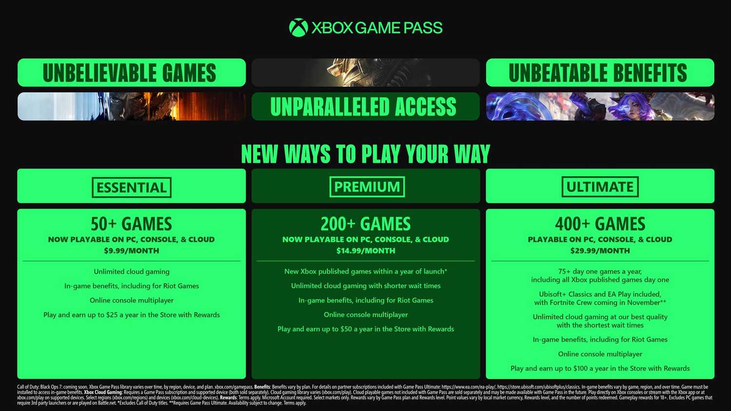 Xbox Game Pass tiers.