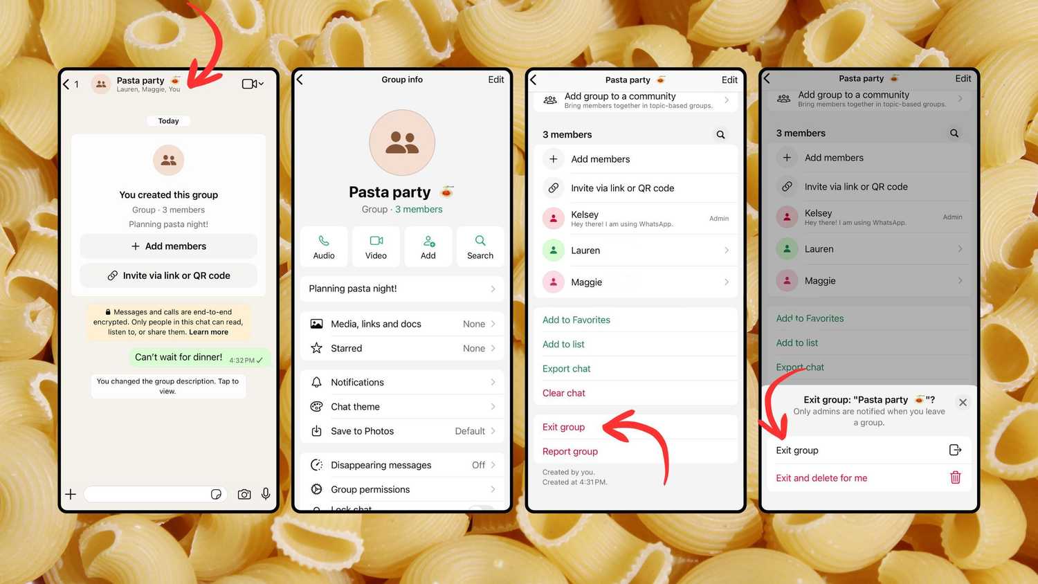 Screenshots of how to leave a WhatsApp group. 