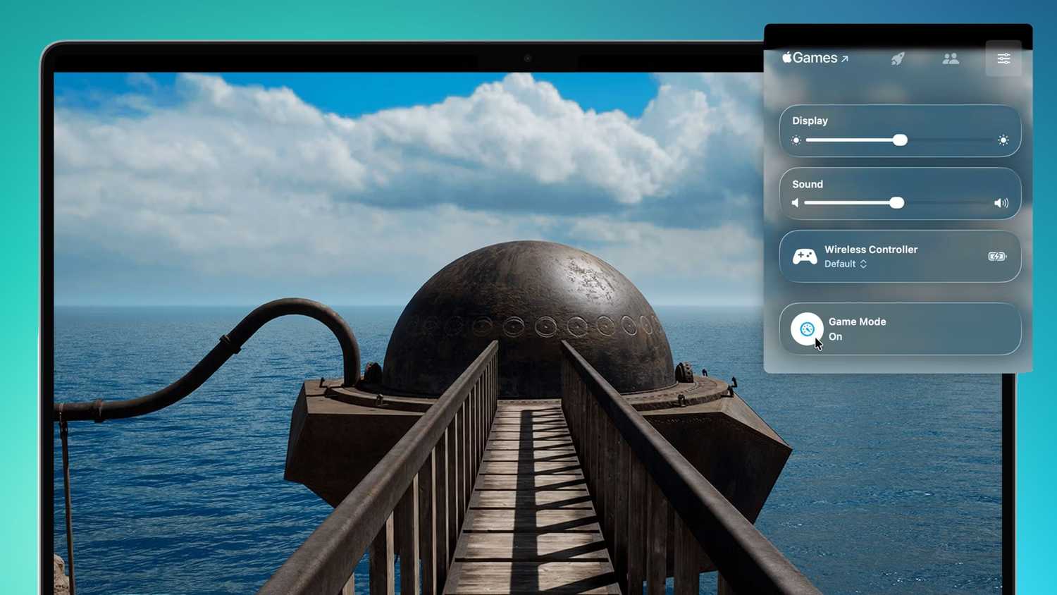 The Game Mode toggle in Control Center overlayed on a screenshot from Riven.