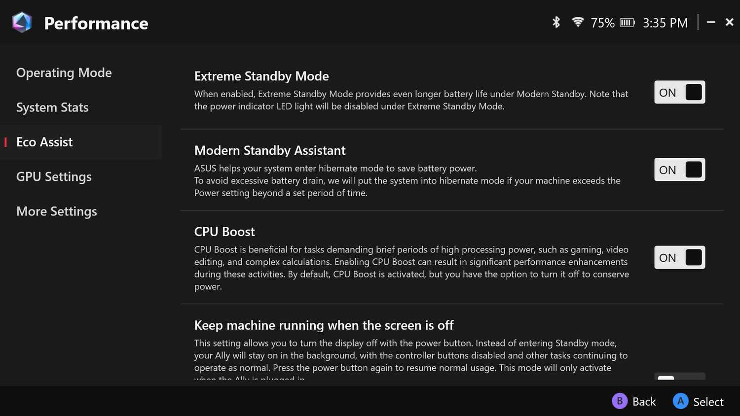 The ROG Xbox Ally X's CPU boost settings