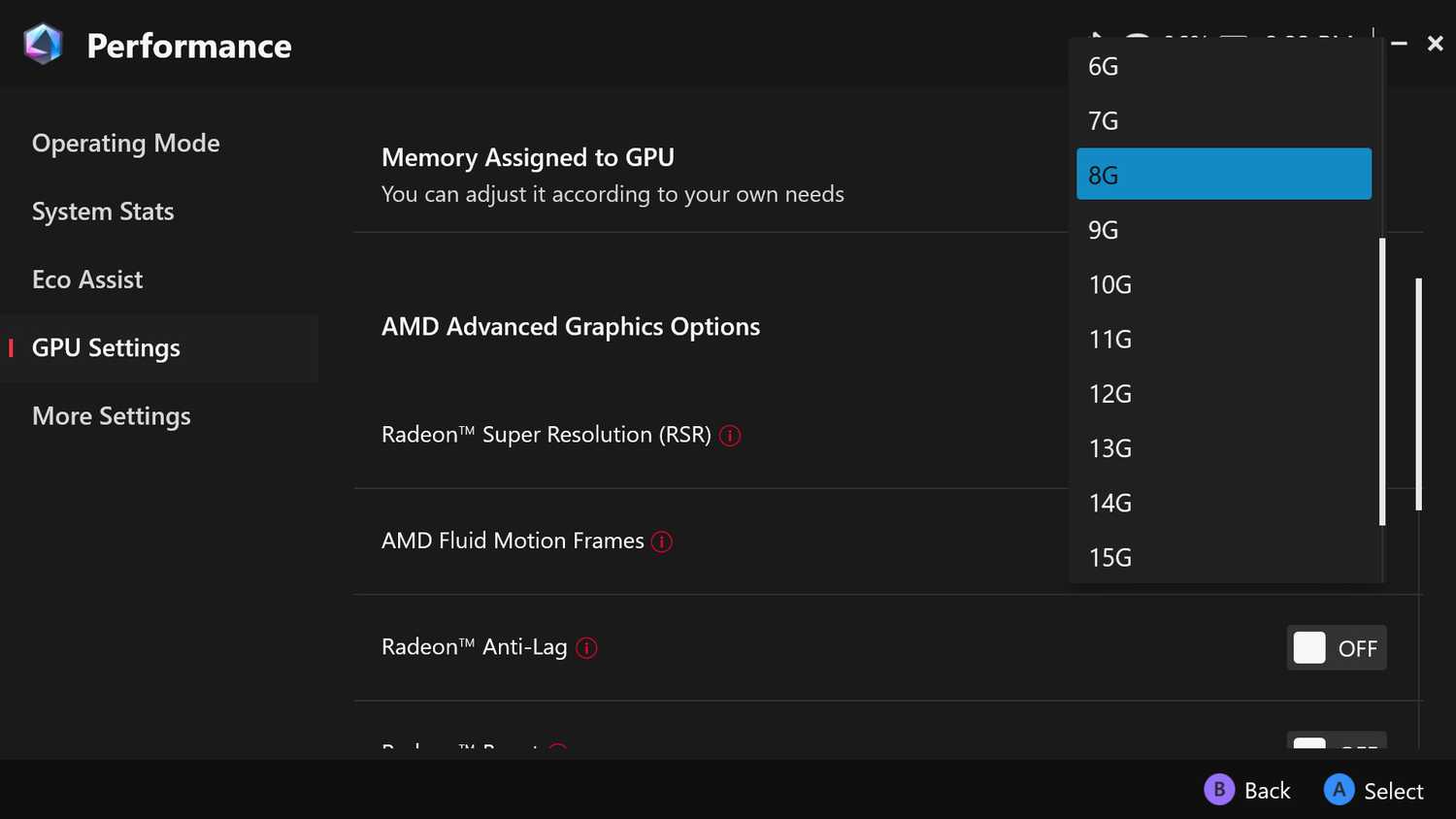 The ROG Xbox Ally X's VRAM settings