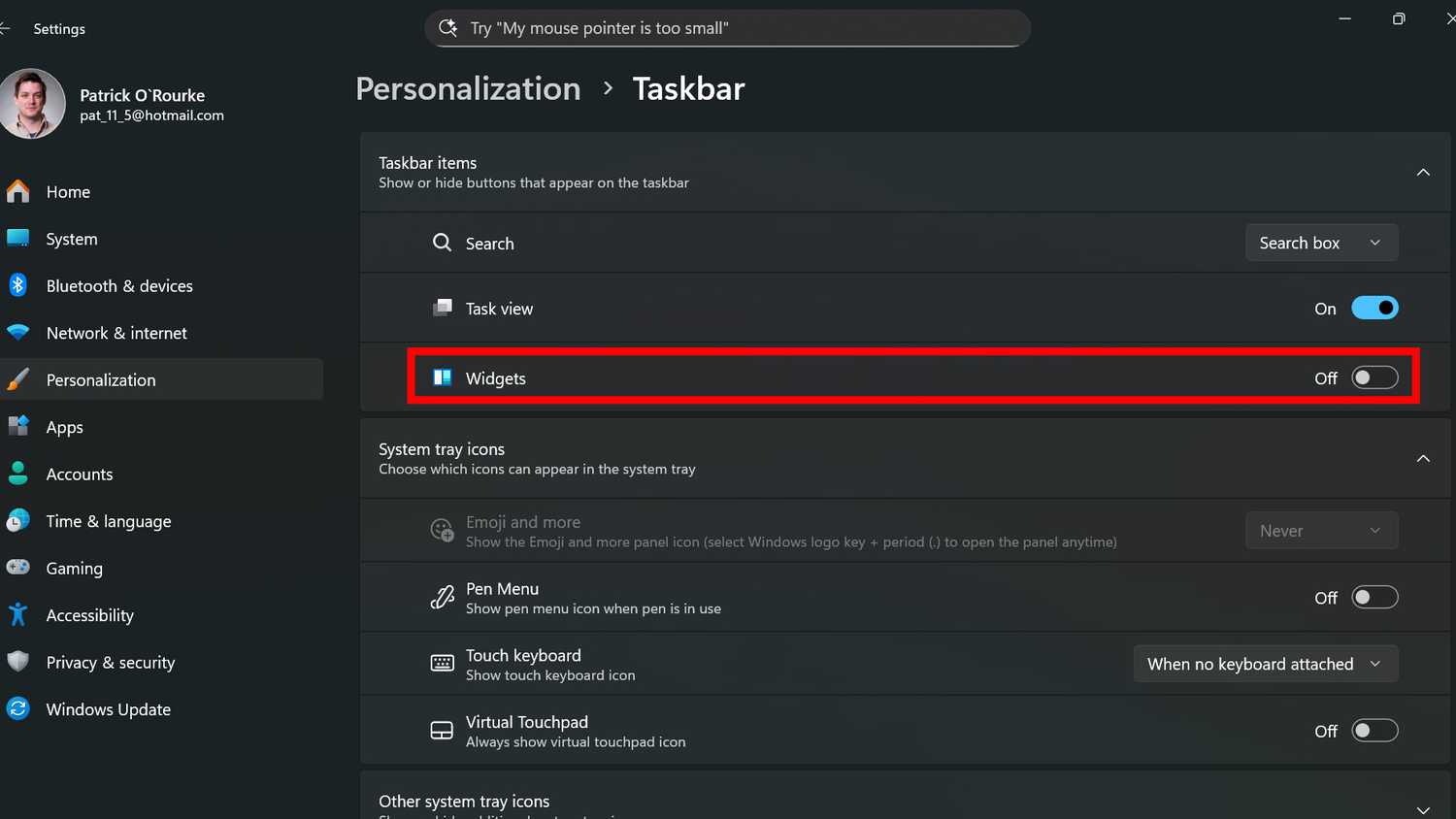 The Widgets option on the ROG Xbox Ally X 