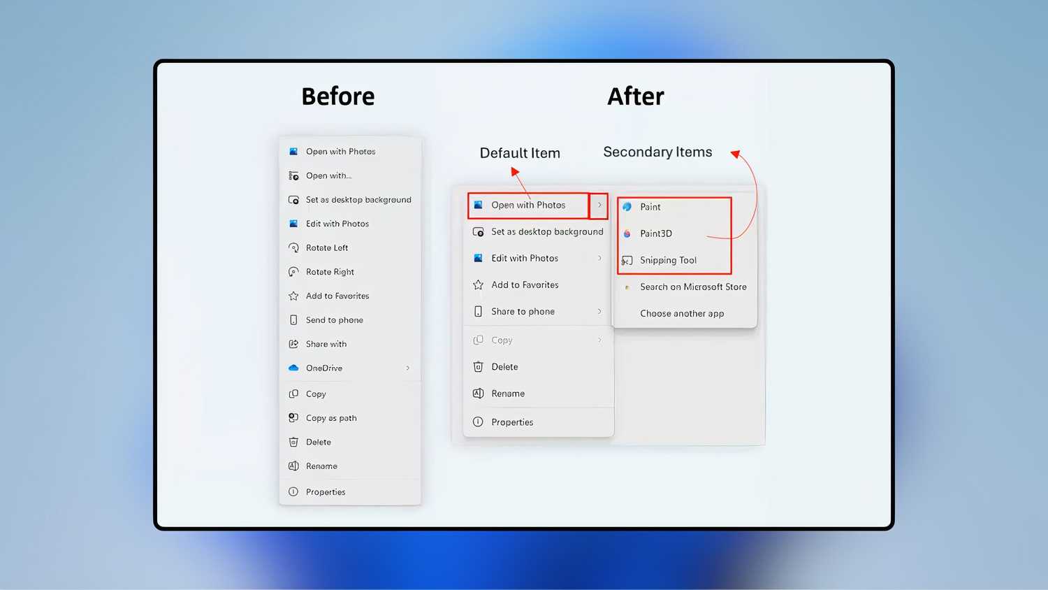 A sample of the new Windows 11 split context menu from Microsoft.