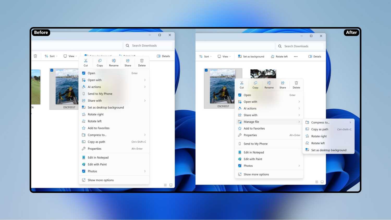 A Windows 11 sample context menu before and after comparison from Microsoft.