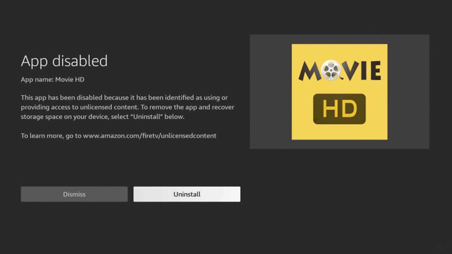 App disabled warning on Amazon Fire TV.
