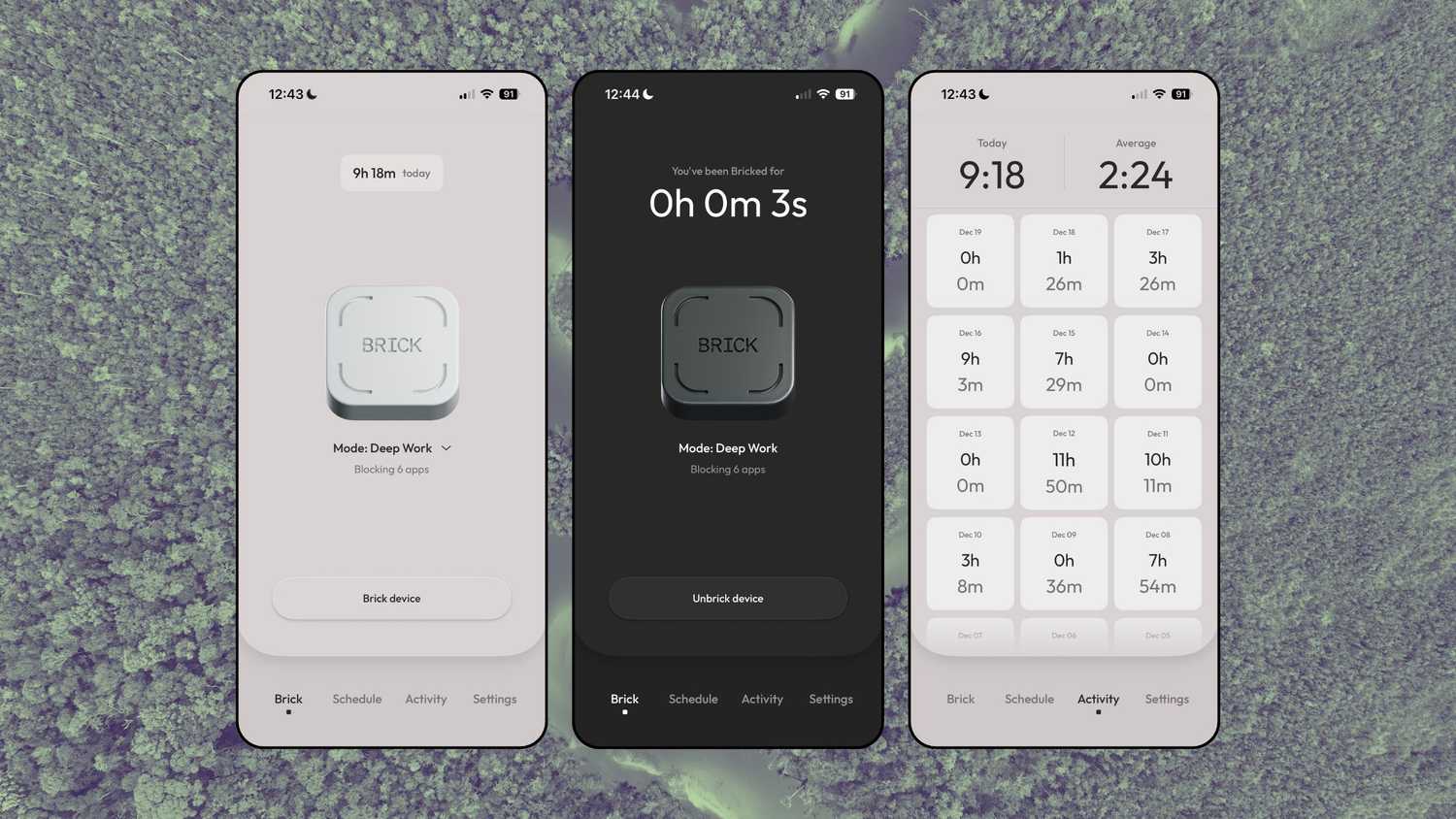 Screenshots from the Brick app. 