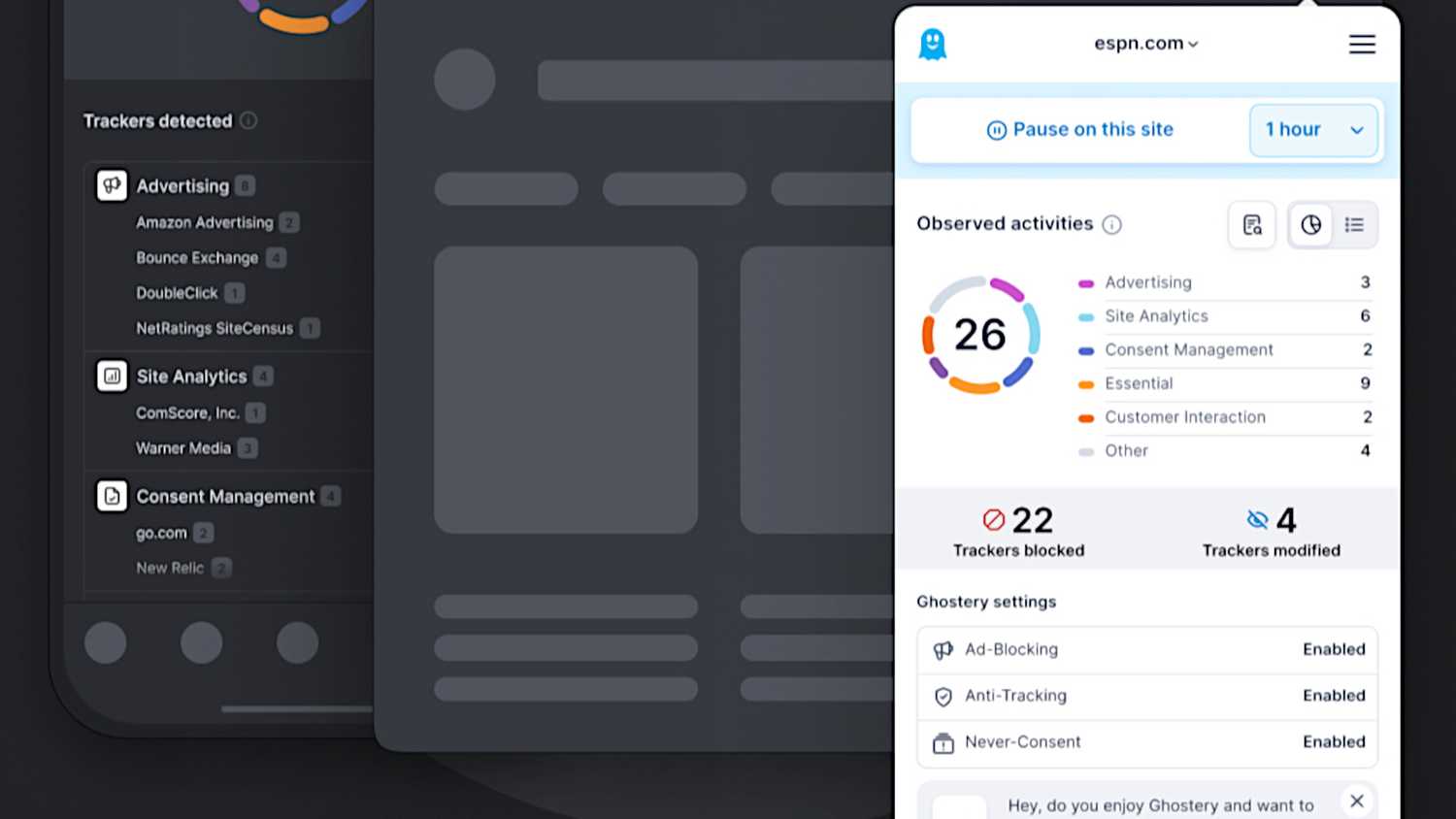 A mockup of Ghostery's web extension and its tracker info.
