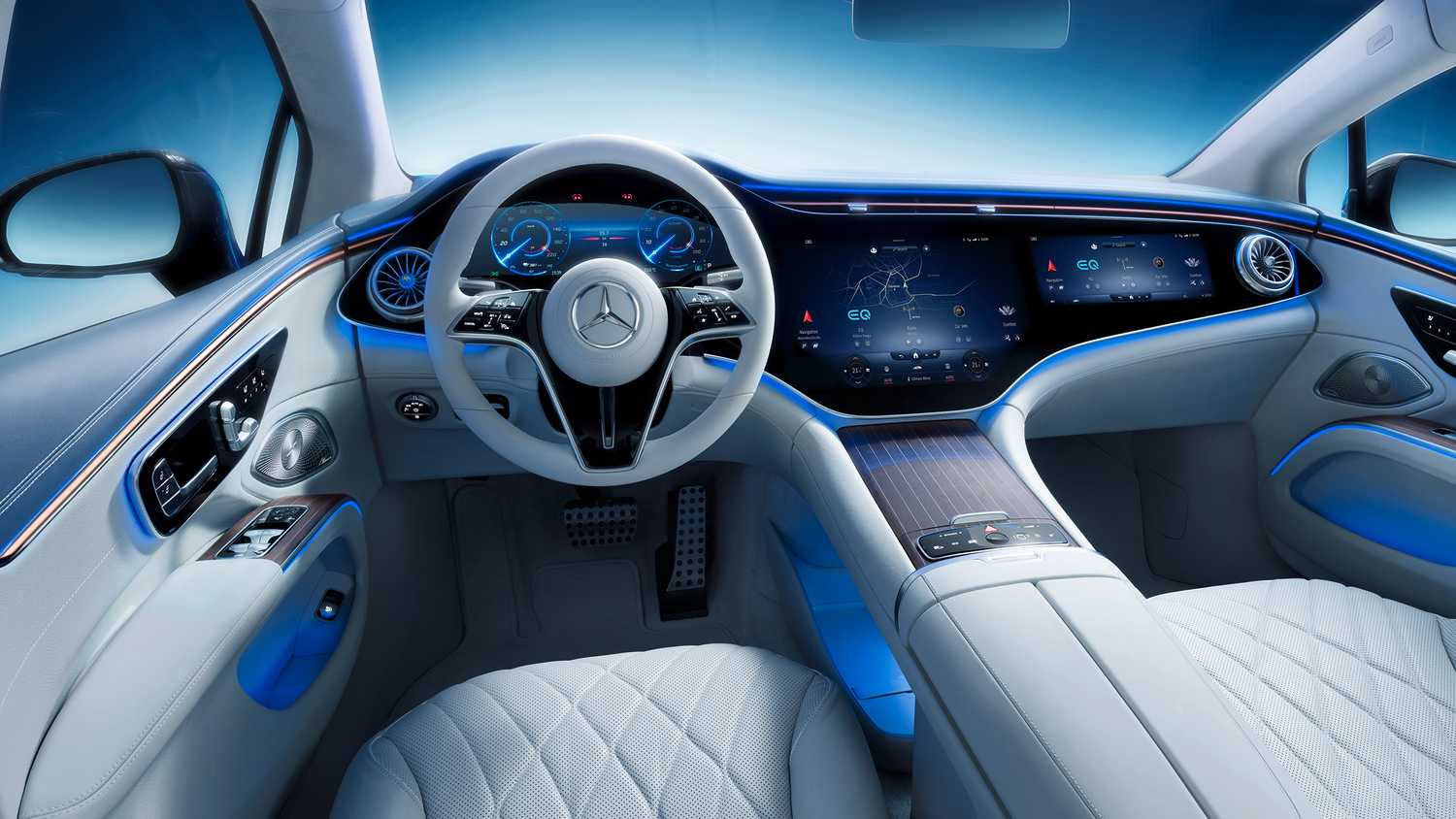 A still photo of a Mercedes-Benz EQS interior with touch-sensitive interior buttons.