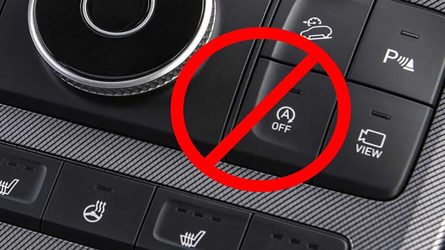 A still photo of an auto start/stop button with a red 'X' placed over it. 