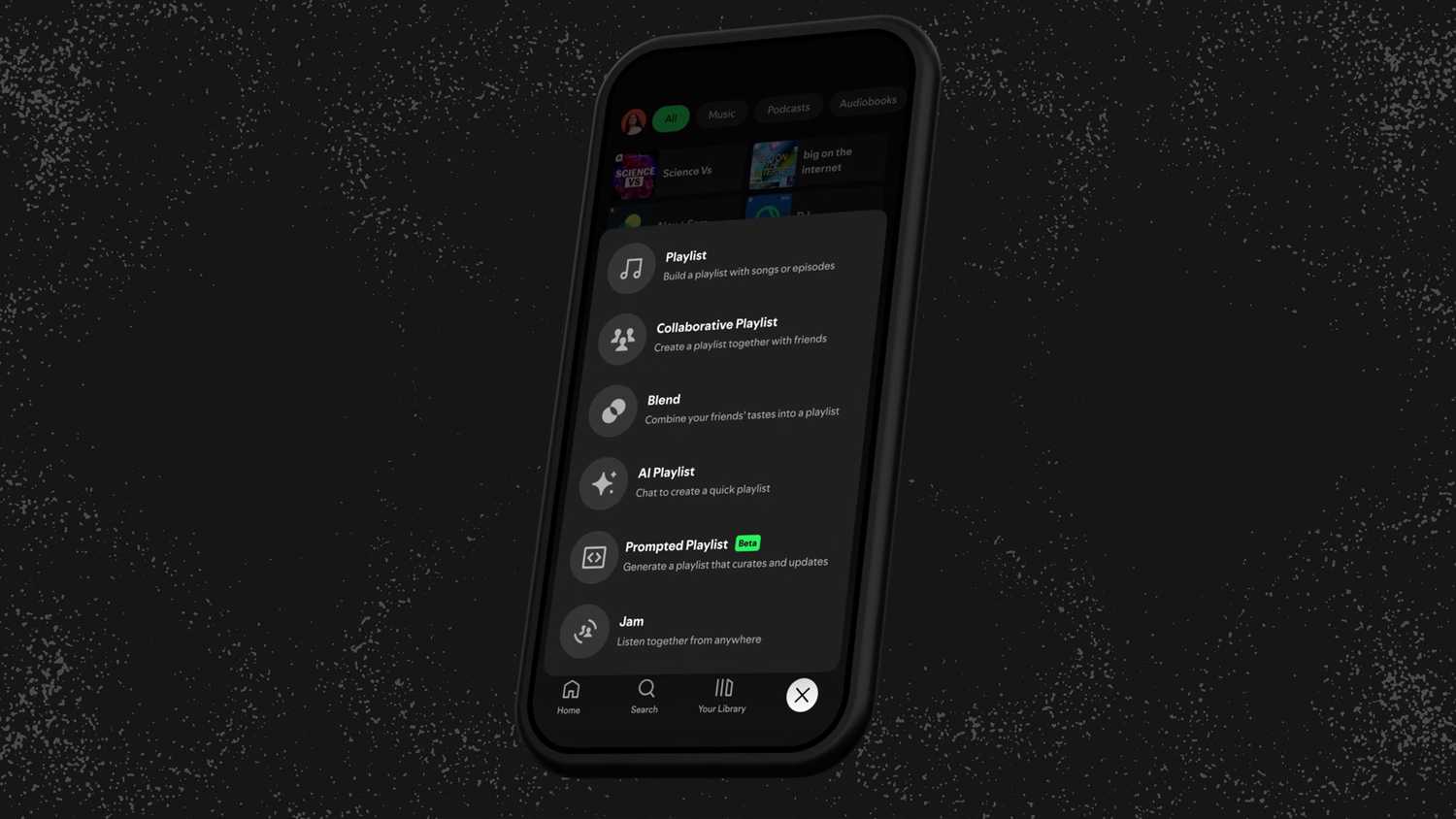 Spotify app create options.
