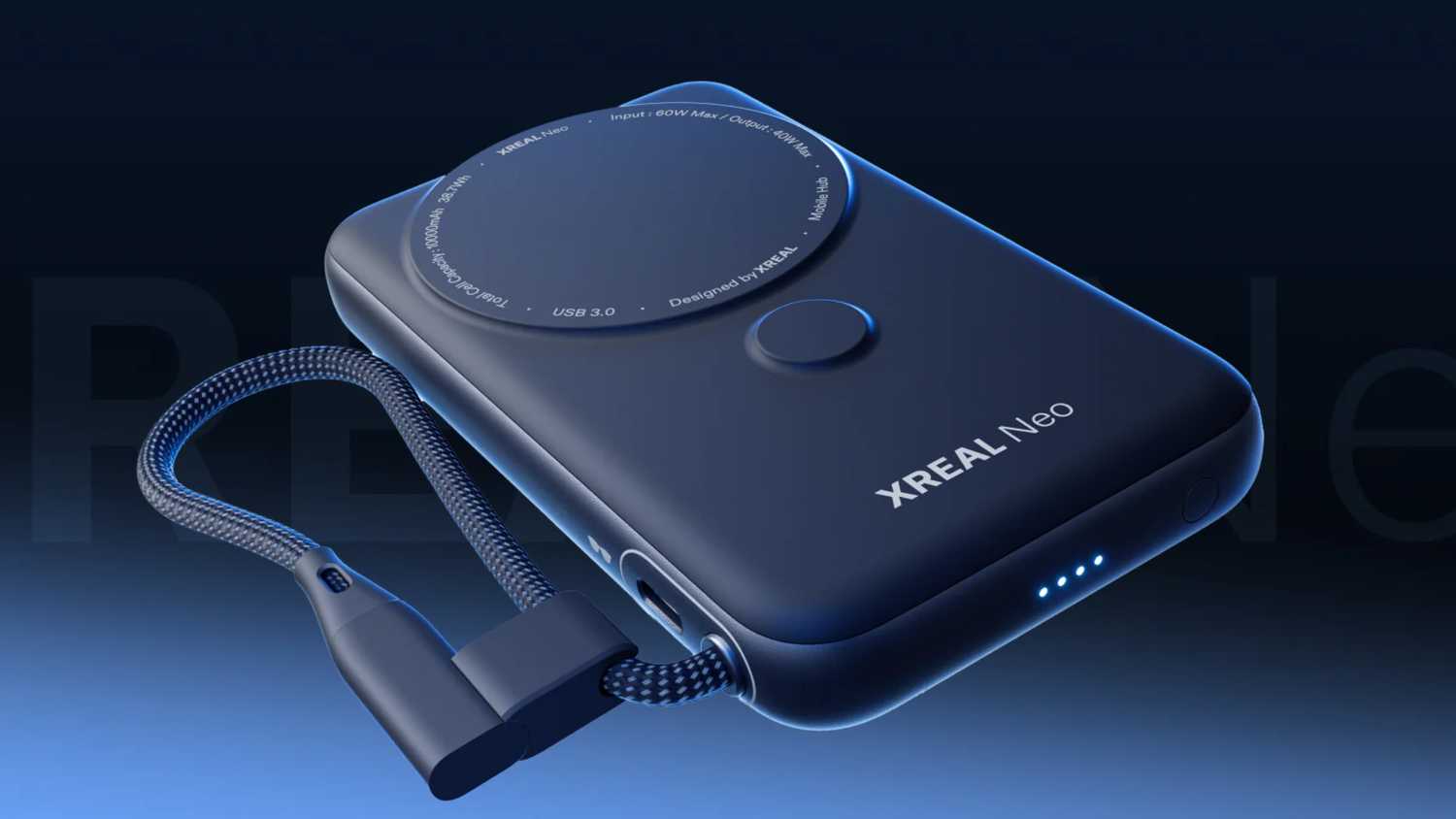 A battery with a magnetic connector and built-in USB-C cable on a gradient blue background.