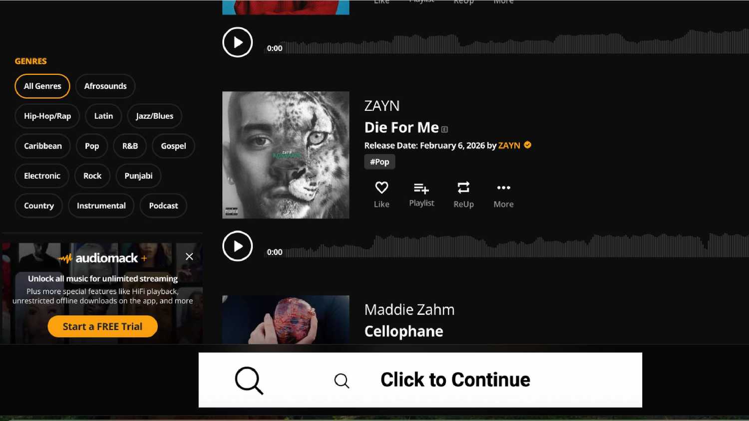The All Genres filter on Audiomack