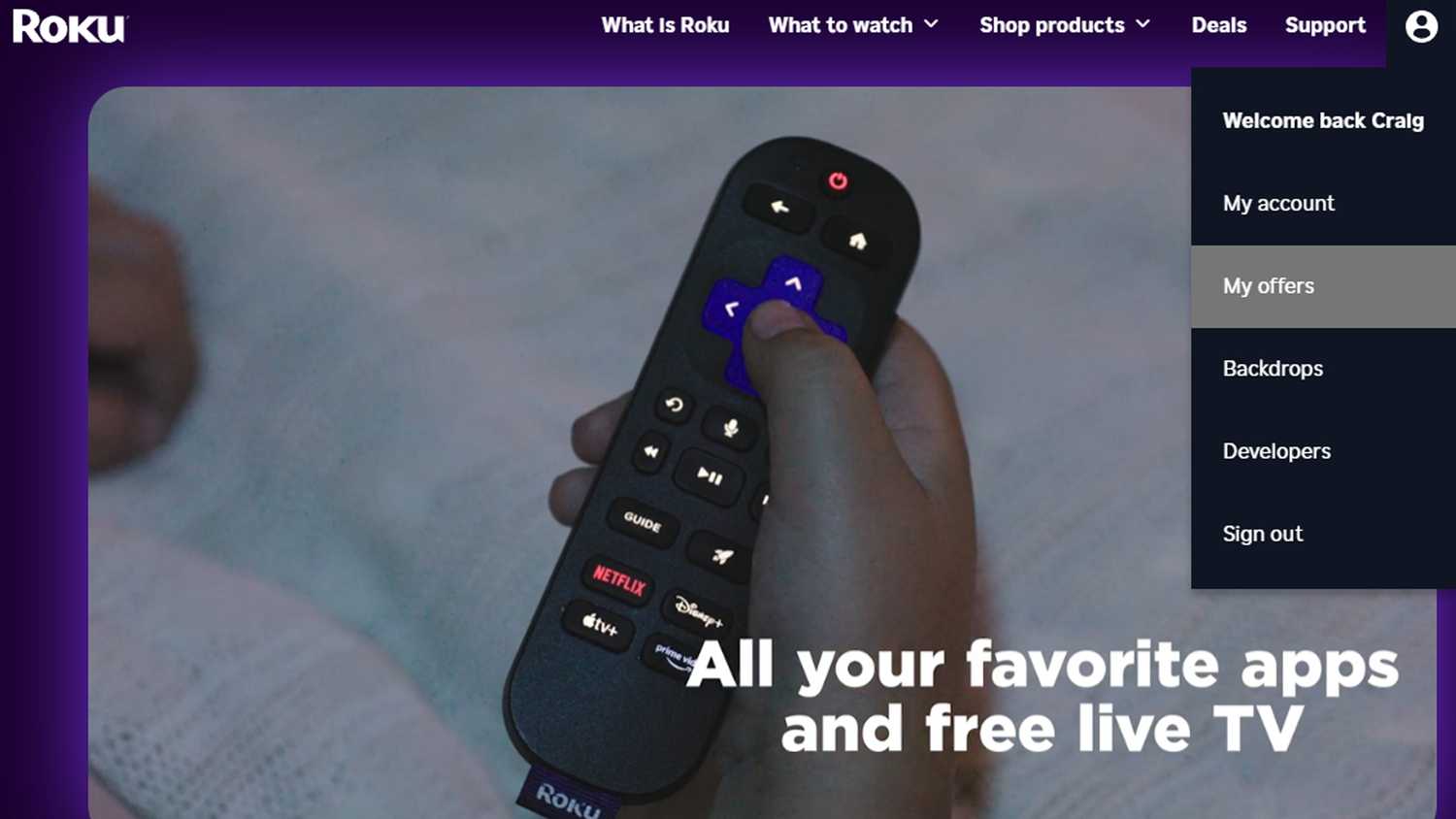My Offers option on Roku website.