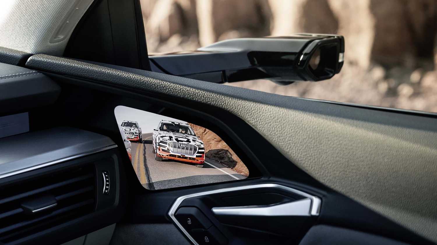 A still photo of the Audi E-Tron virtual side mirror. 