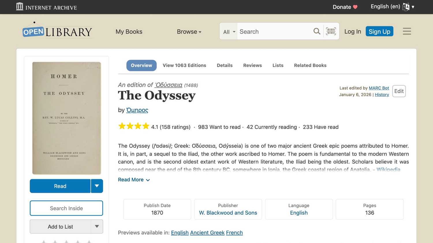 The Odyssey on Open Library. 