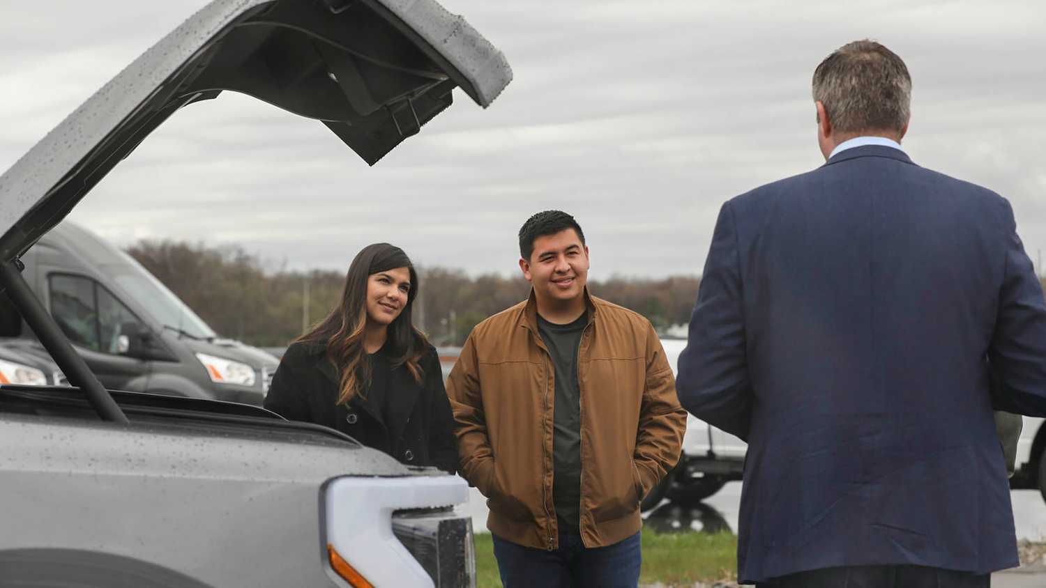 A still photo of a ride and drive event at the launch of the f-150 Lightning.