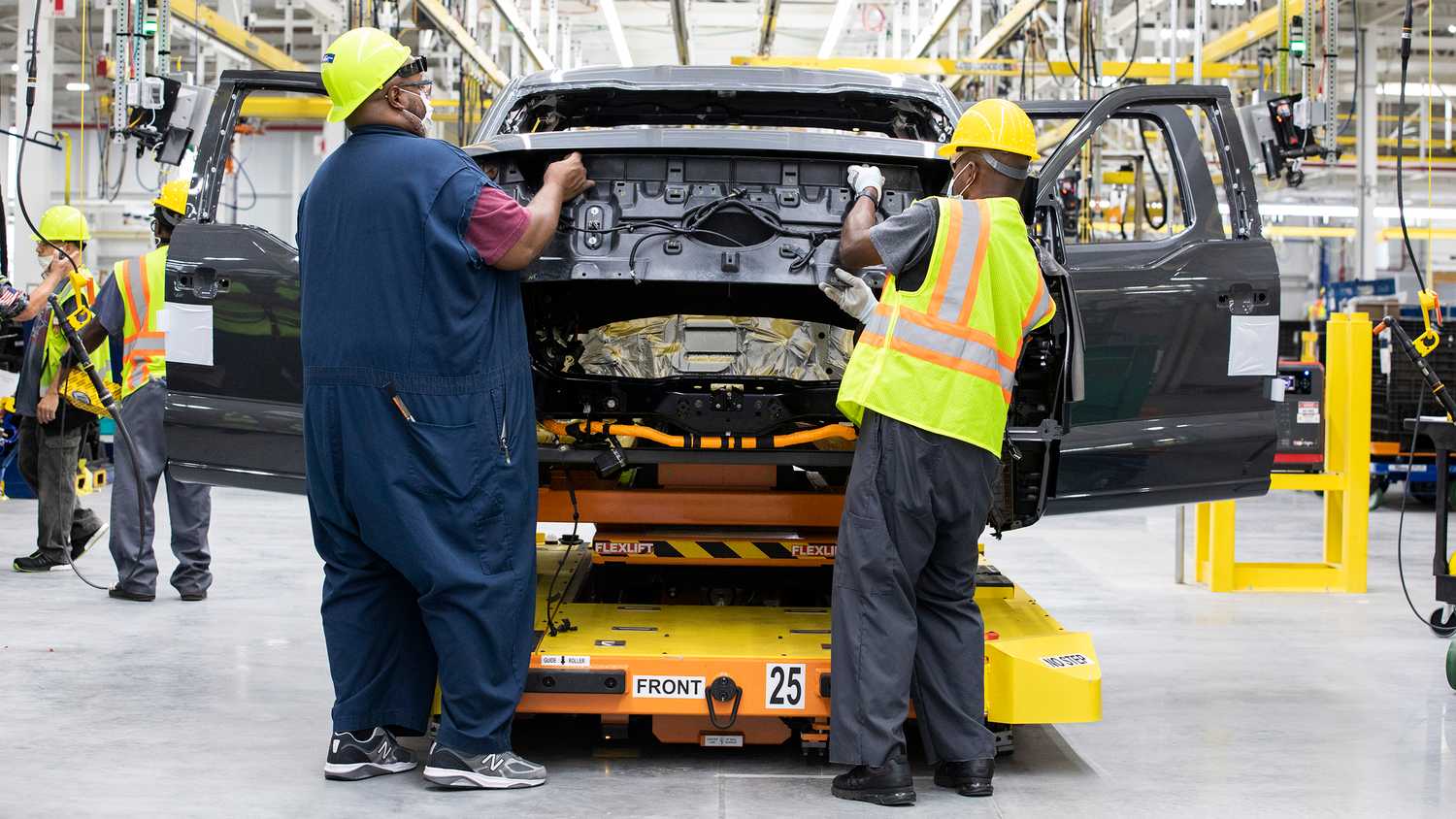 A still photo of a Ford EV manufacturing plant. 