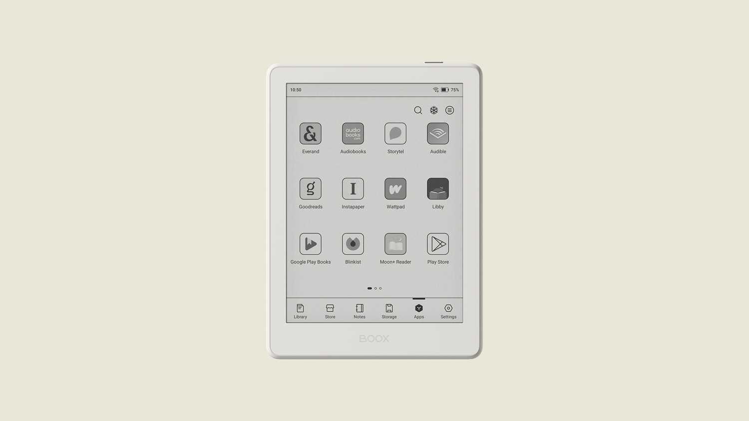 A screen of different downloaded apps on a Boox Go 6 (Gen II).