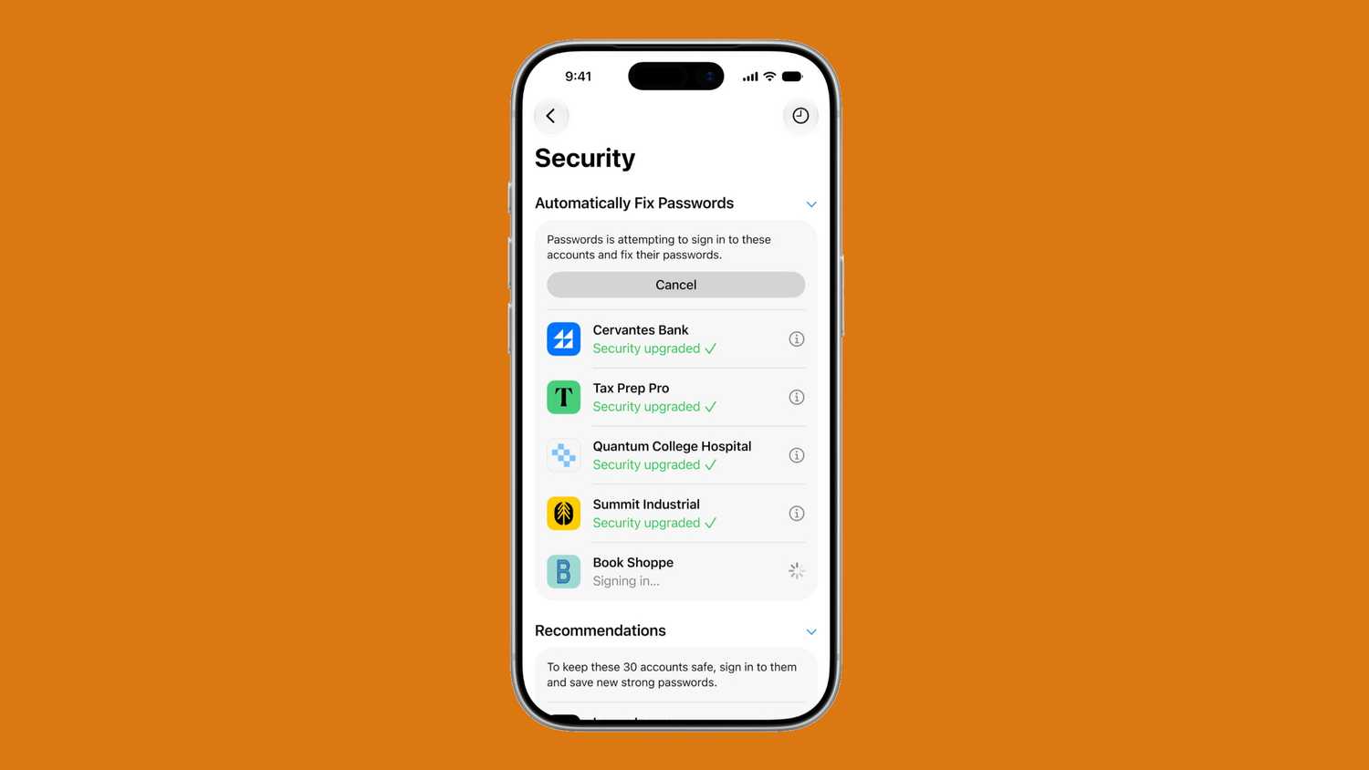 Automatic password fixing in the iOS 27 Passwords app for the iPhone.