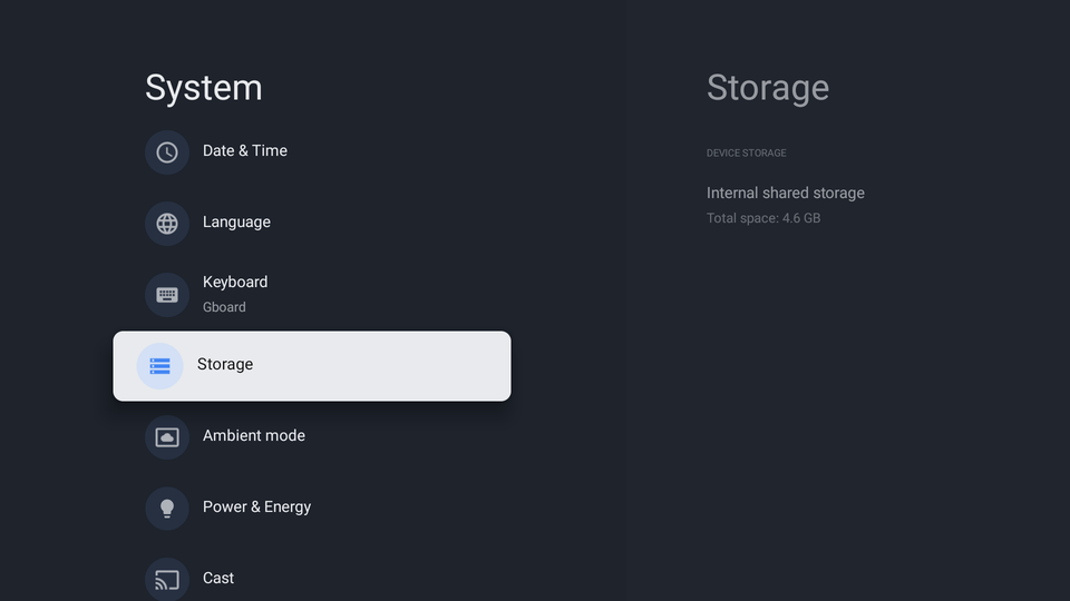 Storage settings in Google TV 