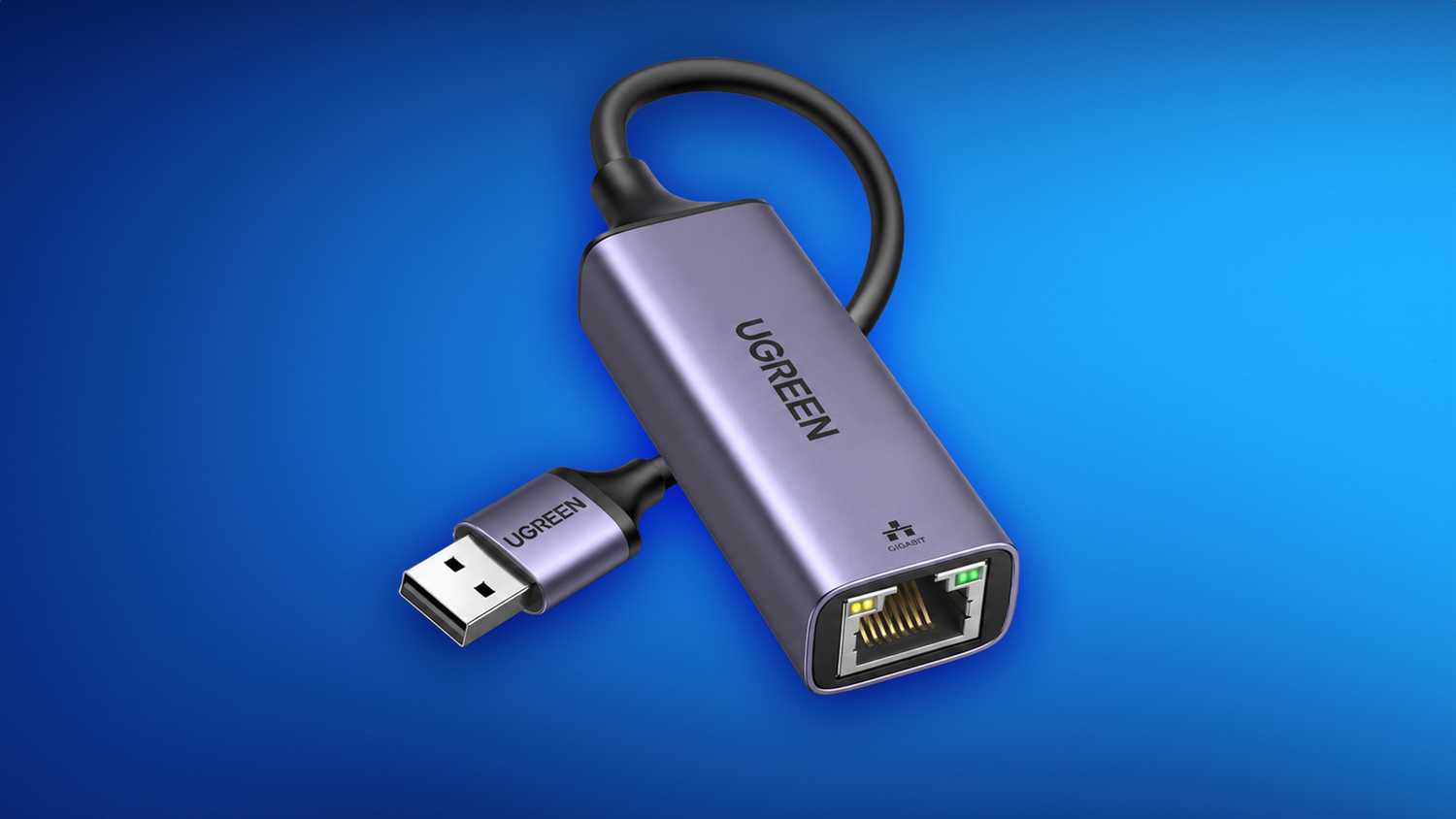 UGREEN USB Ethernet adapter on blue gradient background.