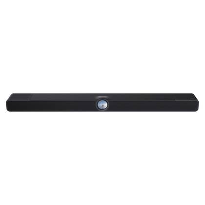 A black rectangular soundbar with a circular touchscreen on the front.