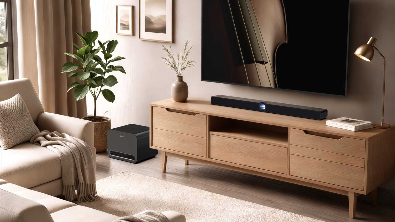 The WiiM Bar under a TV and next to a subwoofer.