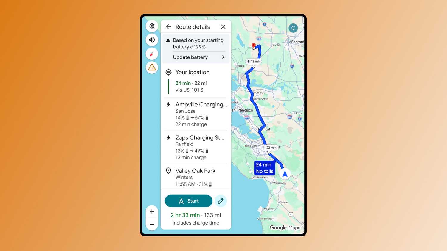 Planning a trip with an EV in Google Maps for Android Auto.