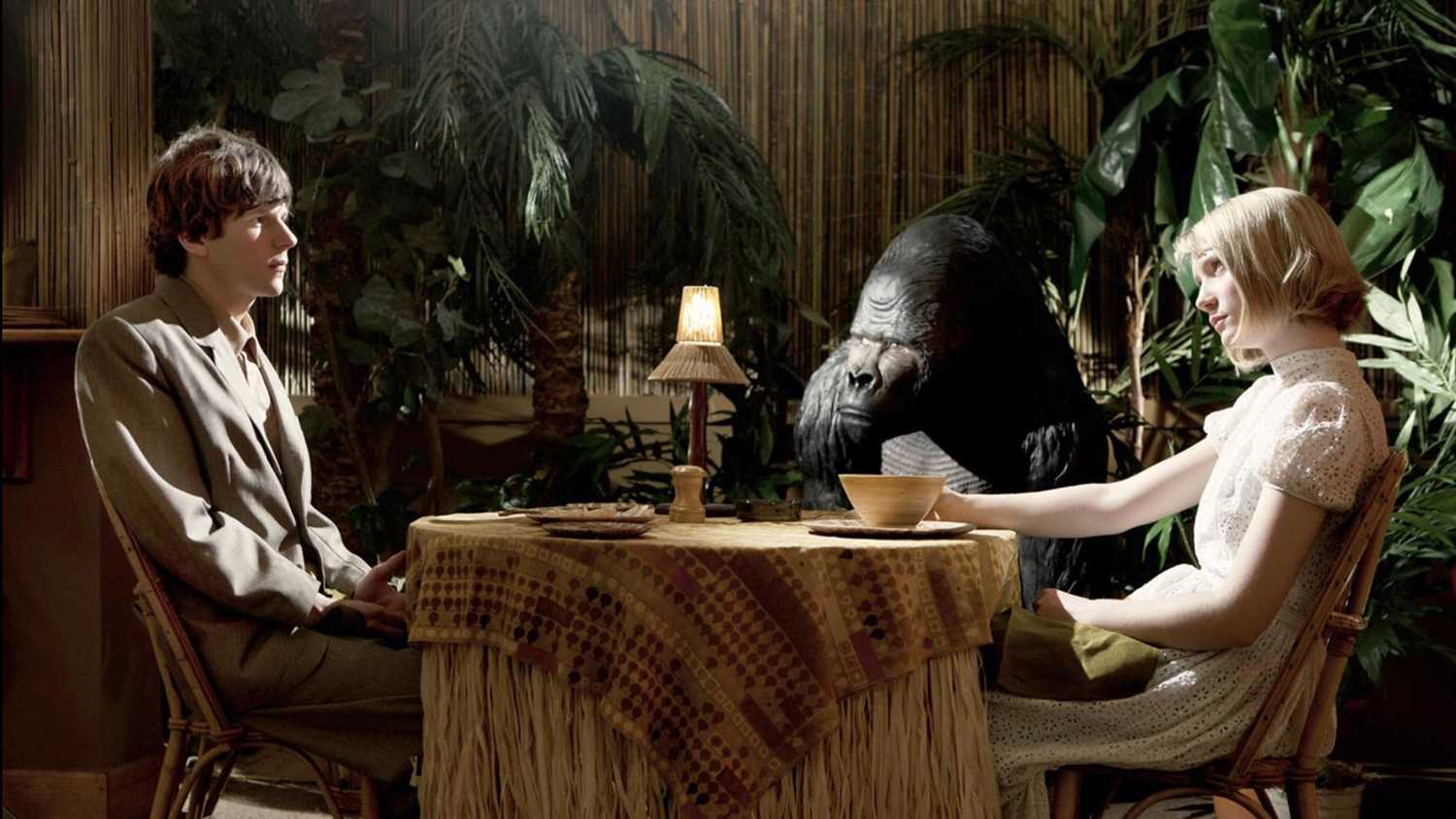 Screen from The Double starring Jesse Eisenberg and Mia Wasikowska.