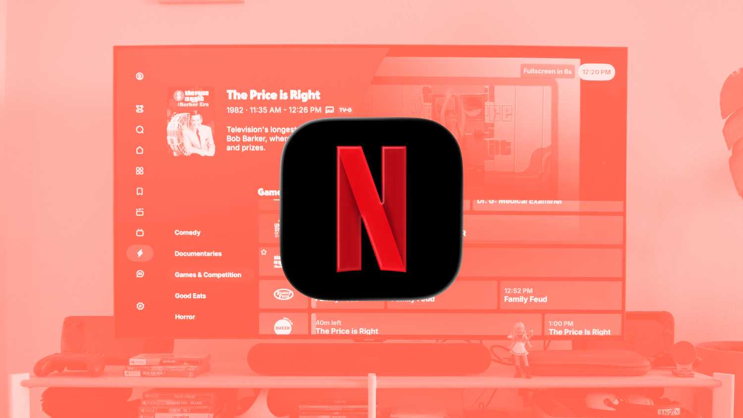 The Netflix logo over a red filtered image of a TV displaying channels in the Tubi app,