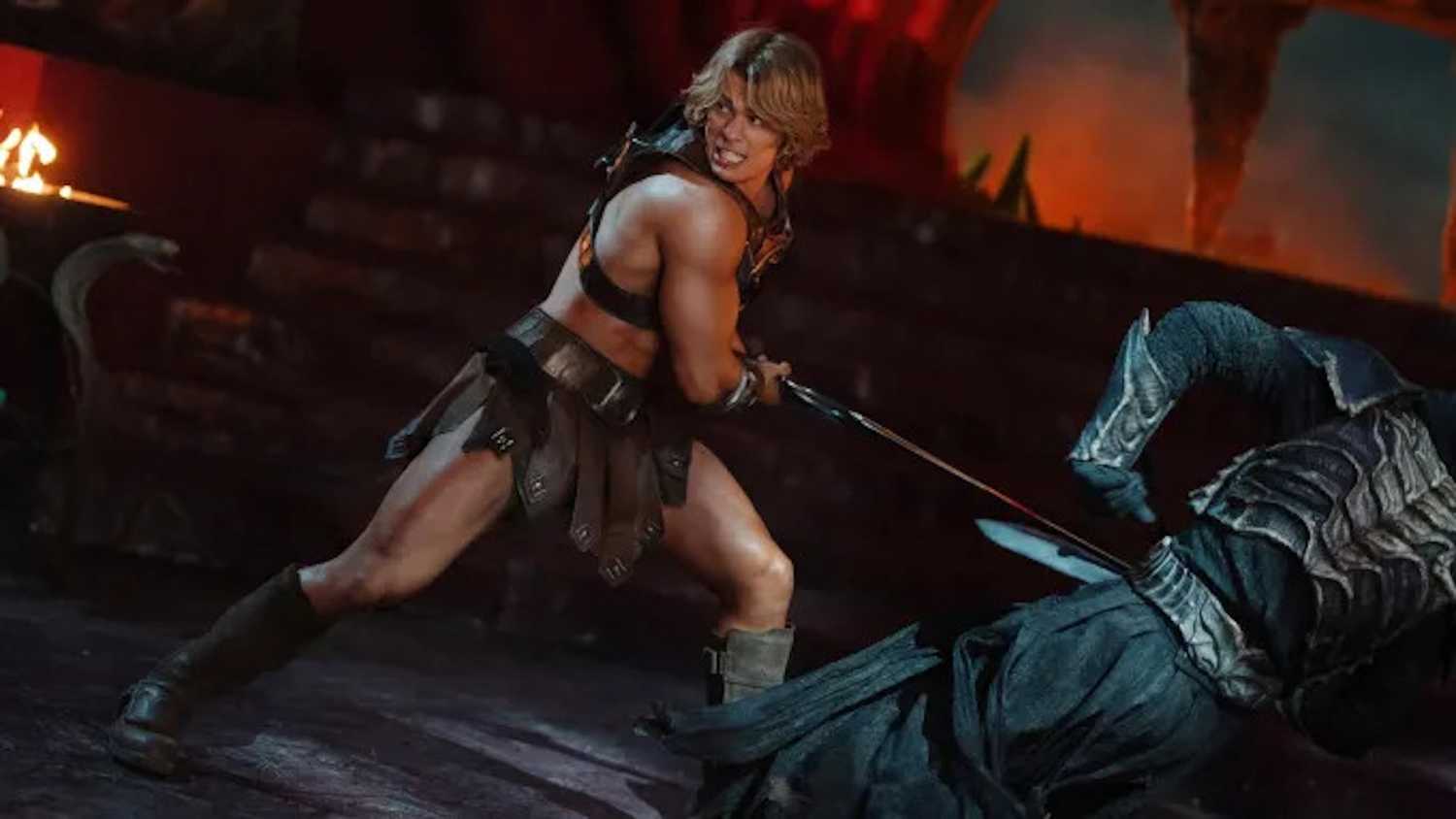 He-Man striking down an attacker with his sword in Masters of the Universe.