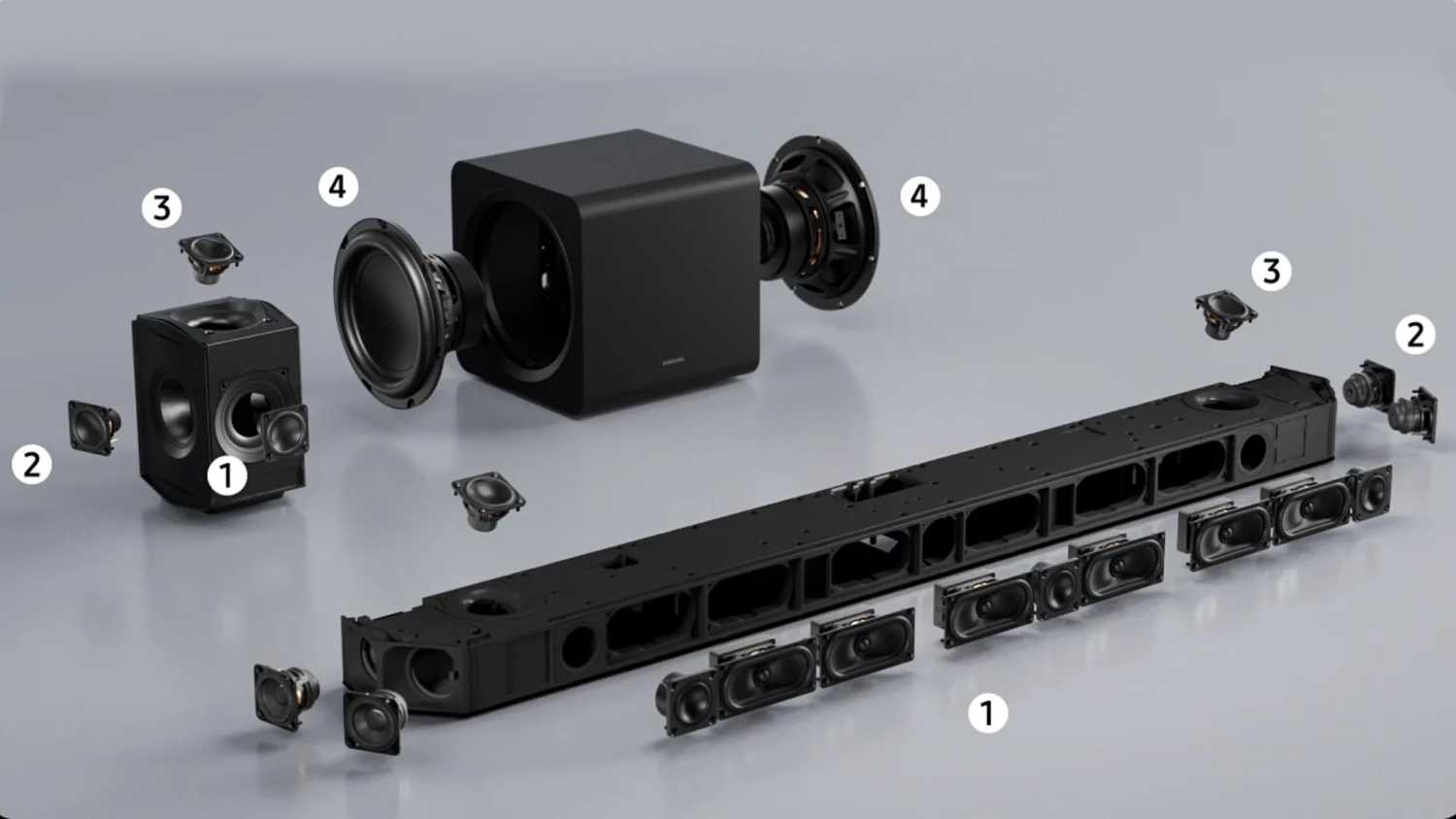 Samsung image showing an exploded view of the HW Q990H Soundbar Speaker Drivers