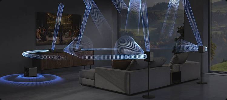 Still frame from a video by Samsung showing how their speakers provide wrap around sound