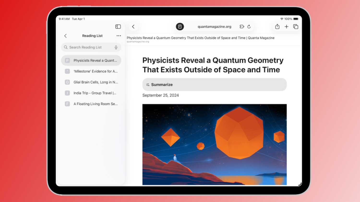 The Reading List in Safari for iPad.