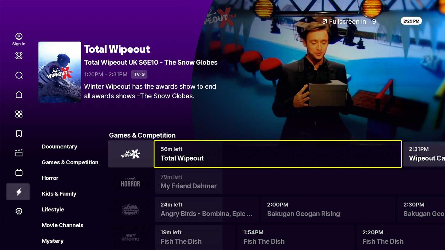 Tubi Live TV guide.