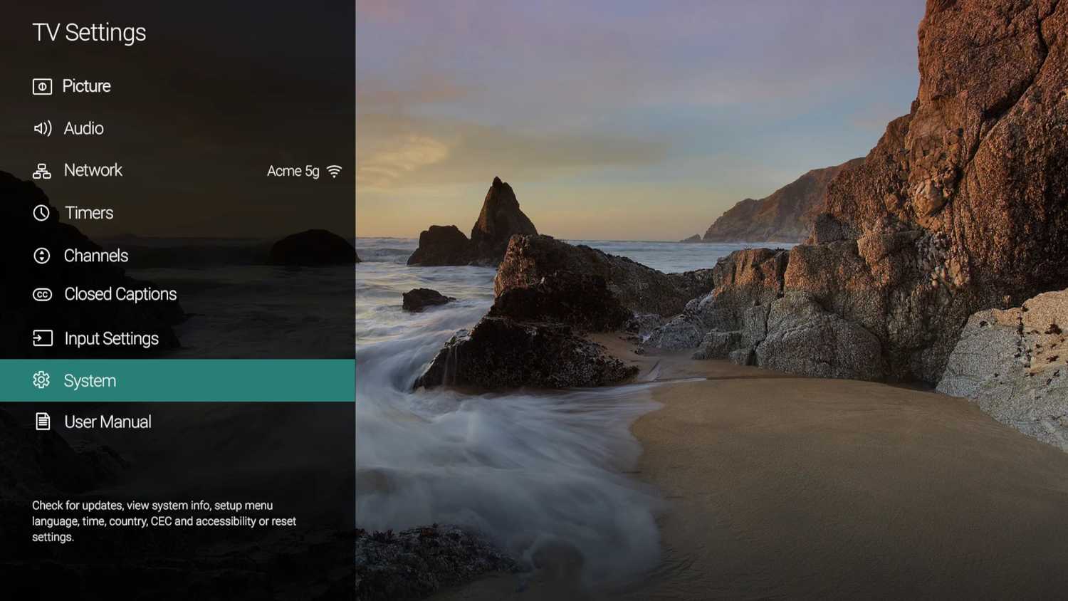 The Settings menu on a Vizio TV with SmartCast.