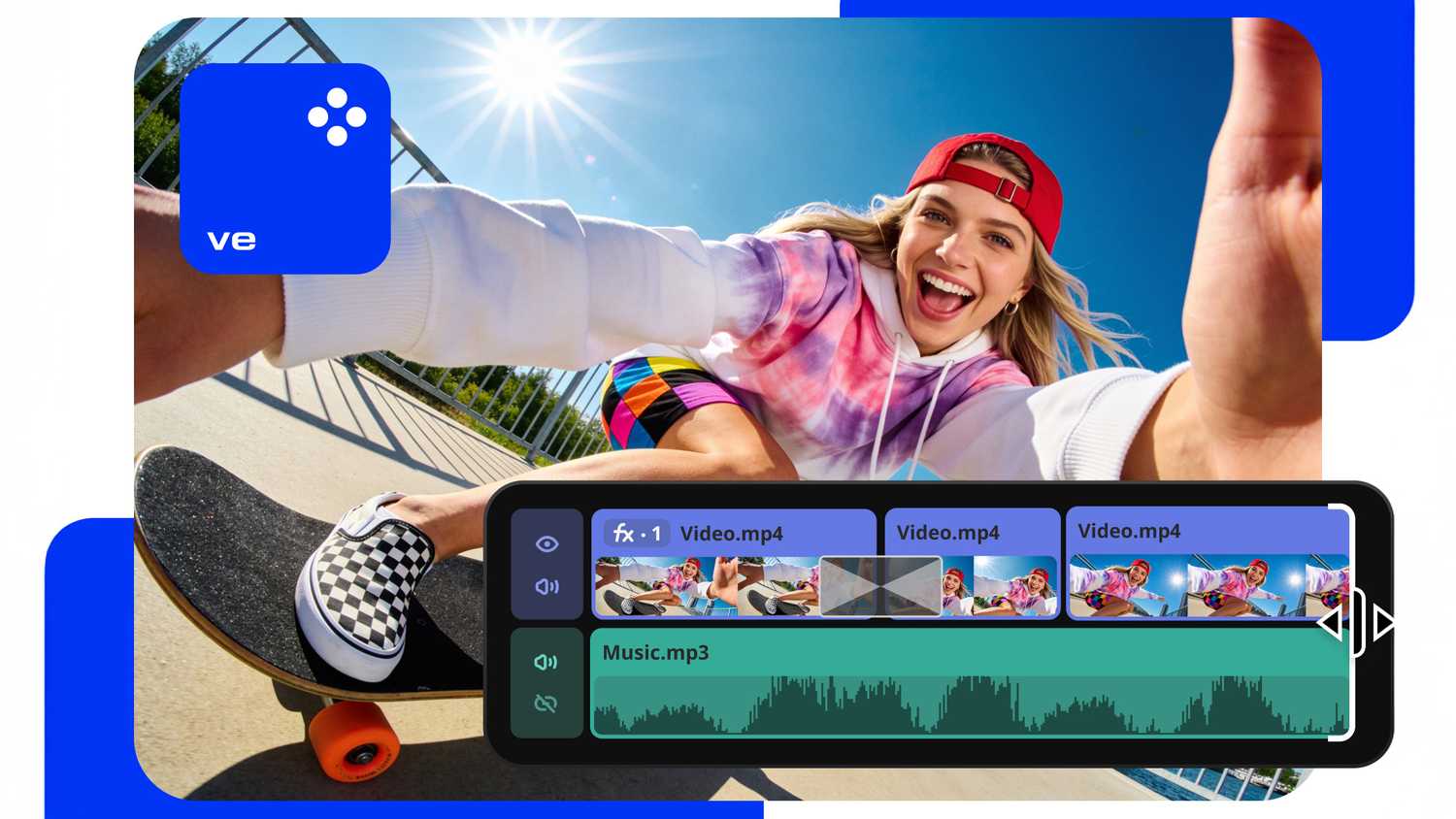 A girl takes a selfie video while skateboarding with video editing components showing music and segments. 