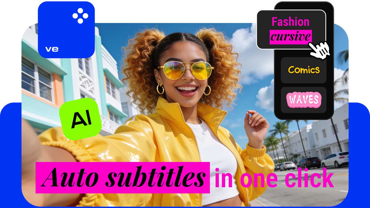 A woman takes a selfie with video editing subtitle options laid overtop. 