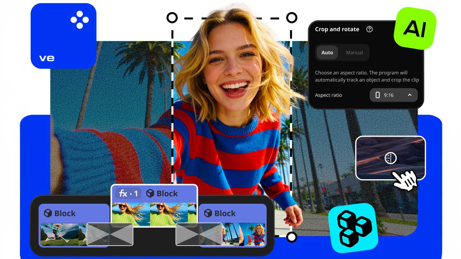 A woman takes a selfie video with editing components overlaid on the screen.
