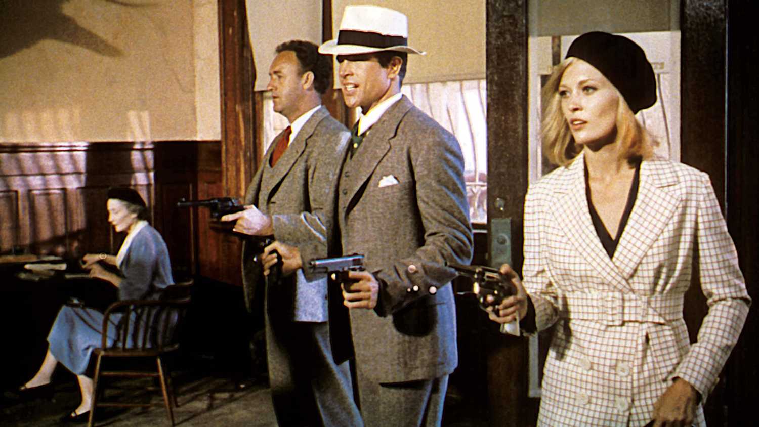 Gene Hackman, Warren Beatty, and Faye Dunaway in Bonnie and Clyde.