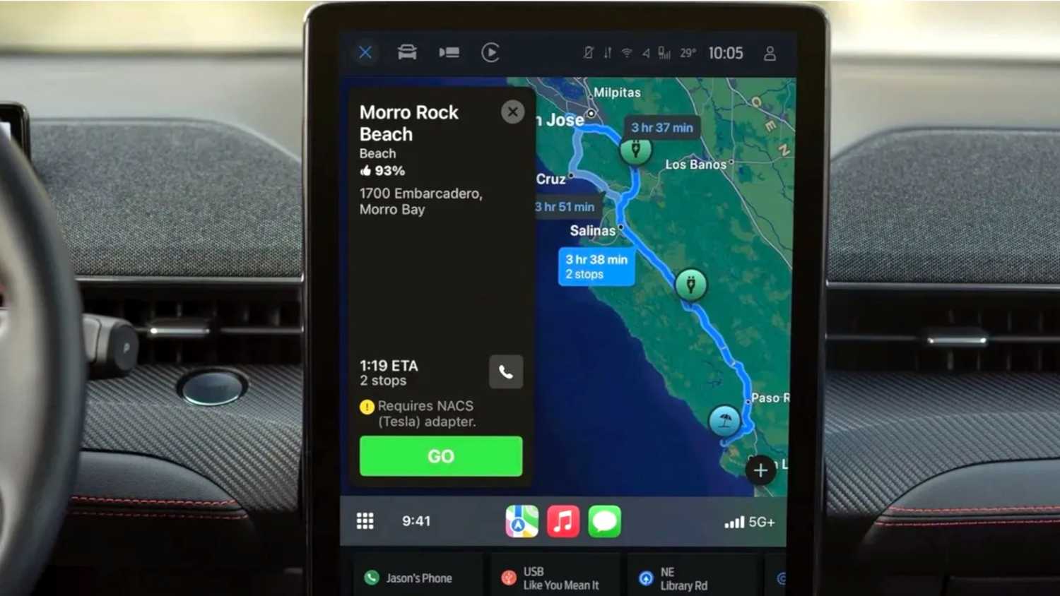 CarPlay EV routing for Apple Maps in a Ford Mustang Mach-E.