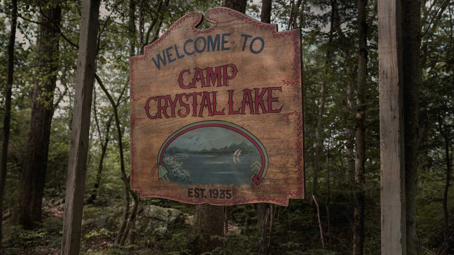 Still from Crystal Lake series featuring camp sign.