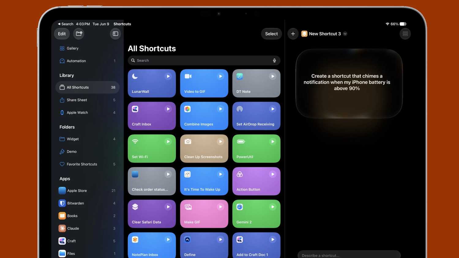 Using voice to create an automation in Shortcuts for iPad.