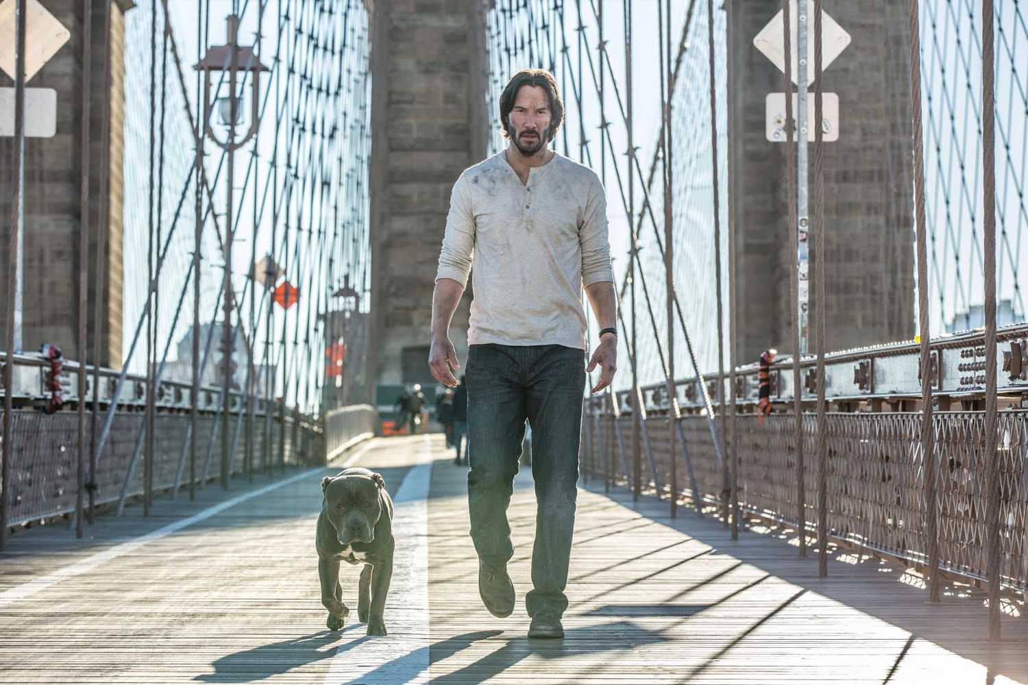 Keanu Reeves walking with a dog in John Wick Chapter 2