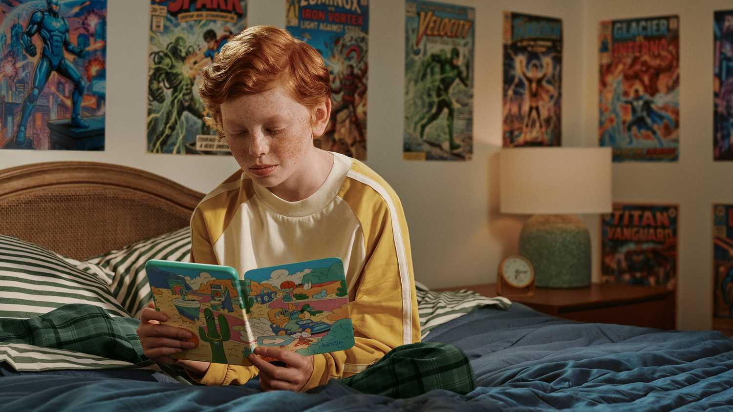 Child reading an Amazon Kindle Colorsoft for Kids.