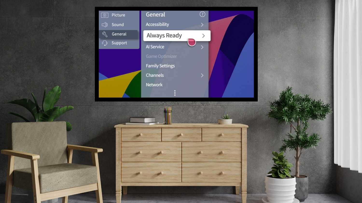An image of the Always Ready tv mode on a TV against a living room backdrop.